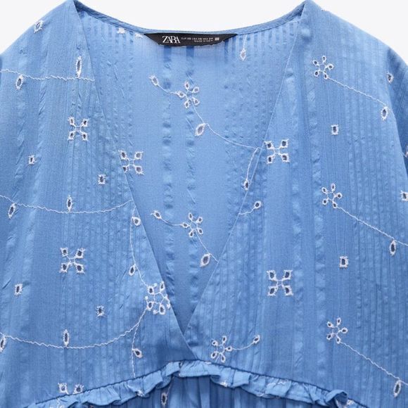 NEW ZARA SHORT EMBROIDERED DRESS BLUE V NECK LONG SLEEVES A LINE WOMENS SIZE M - Picture 6 of 8